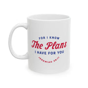 Ceramic mug featuring Jeremiah 29:11 Bible verse with Americana-inspired design, perfect for Christian drinkware and faith gifts.