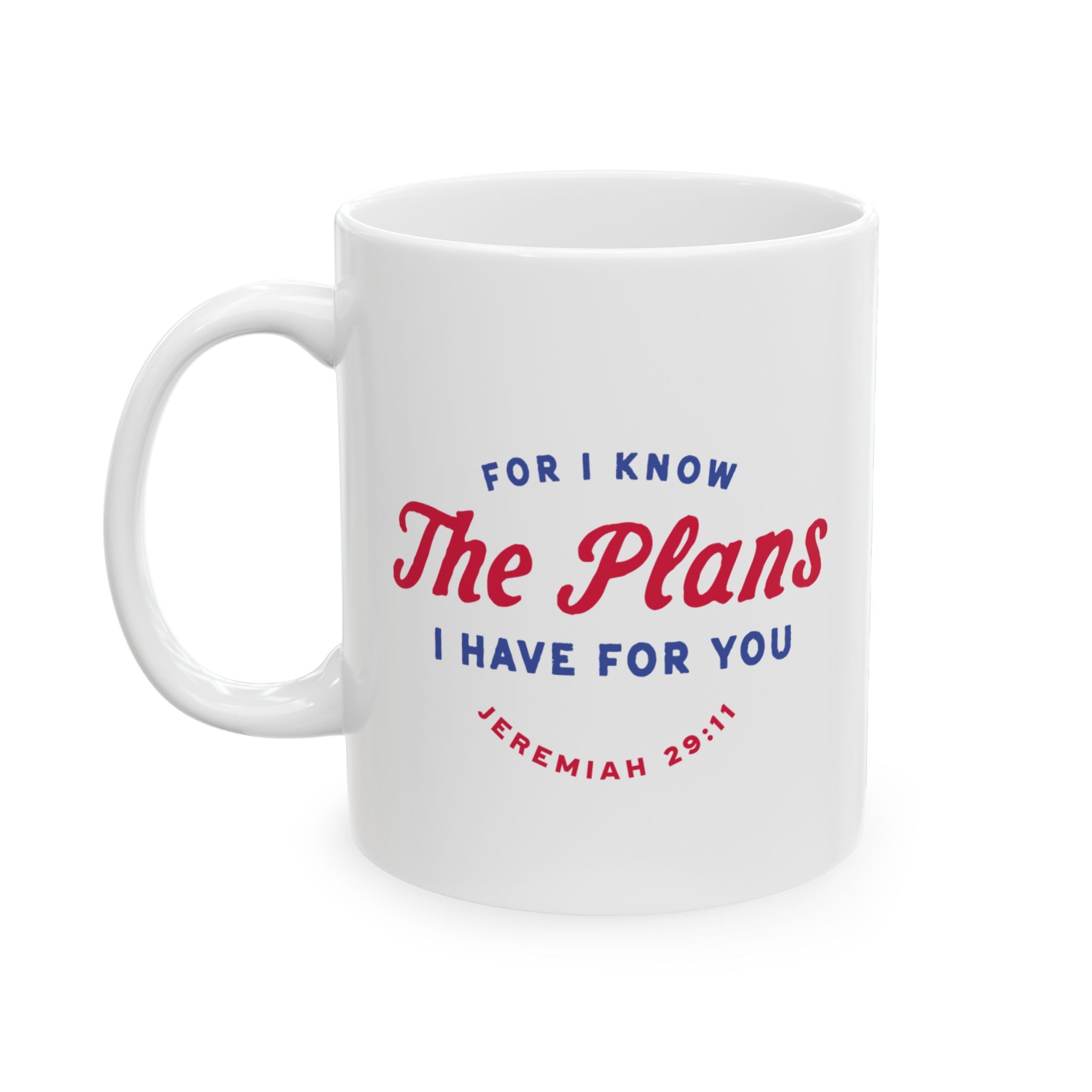 Ceramic mug featuring Jeremiah 29:11 Bible verse with Americana-inspired design, perfect for Christian drinkware and faith gifts.