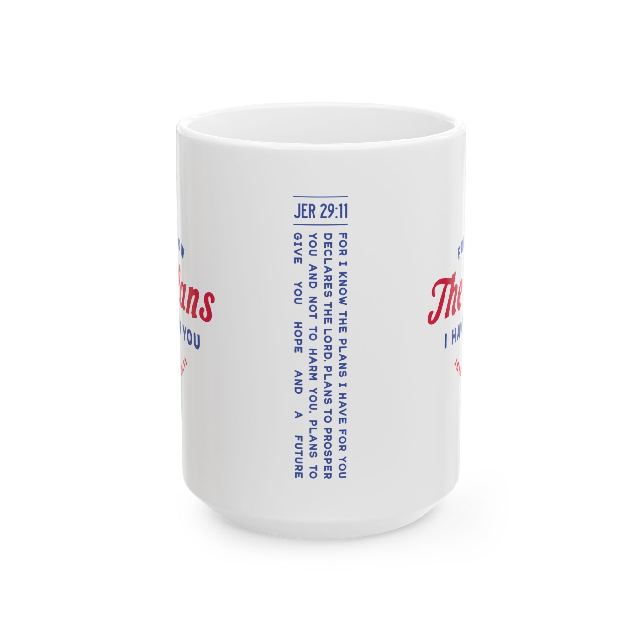 Ceramic mug featuring Jeremiah 29:11 Bible verse with Americana-inspired design, perfect for Christian drinkware and faith gifts.