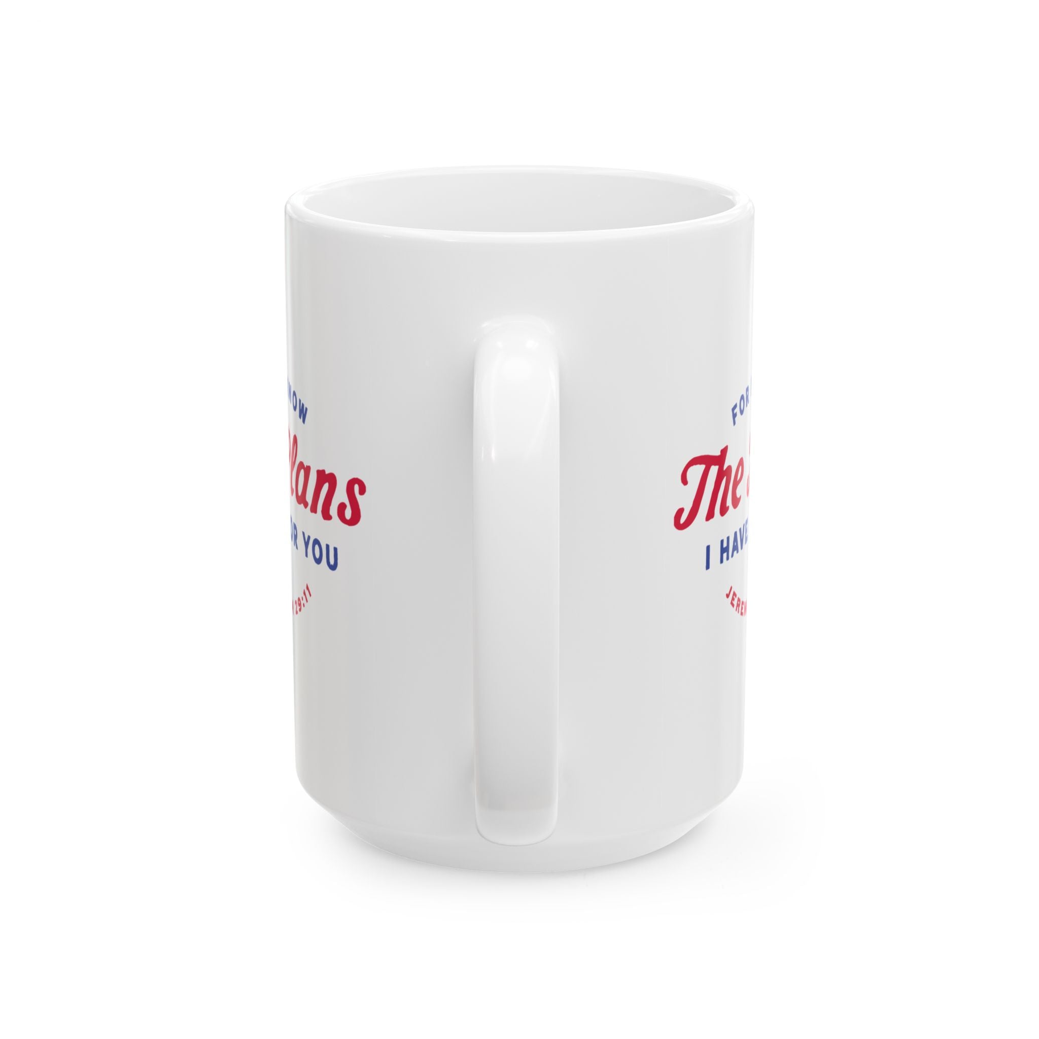 Ceramic mug featuring Jeremiah 29:11 Bible verse with Americana-inspired design, perfect for Christian drinkware and faith gifts.