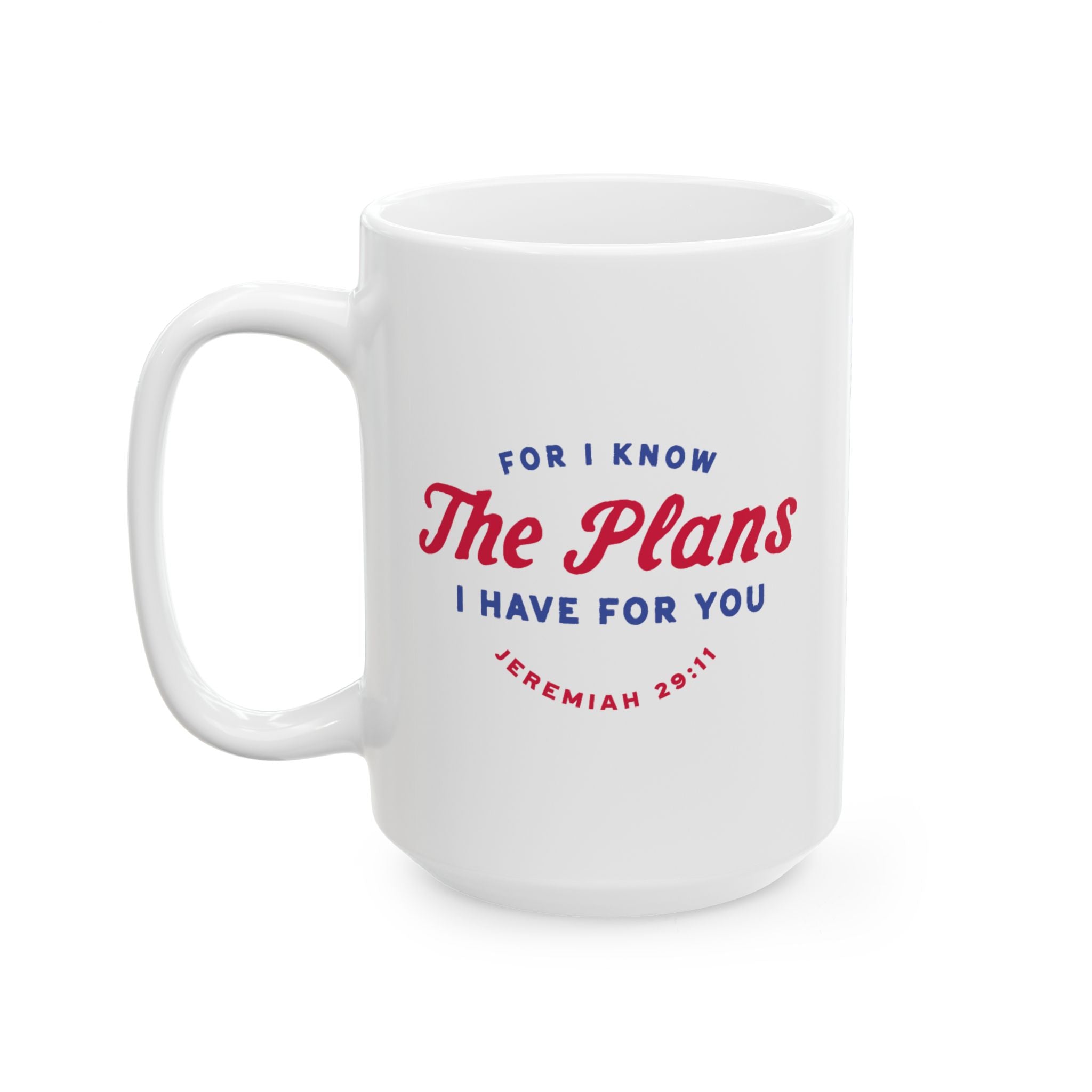 Ceramic mug featuring Jeremiah 29:11 Bible verse with Americana-inspired design, perfect for Christian drinkware and faith gifts.