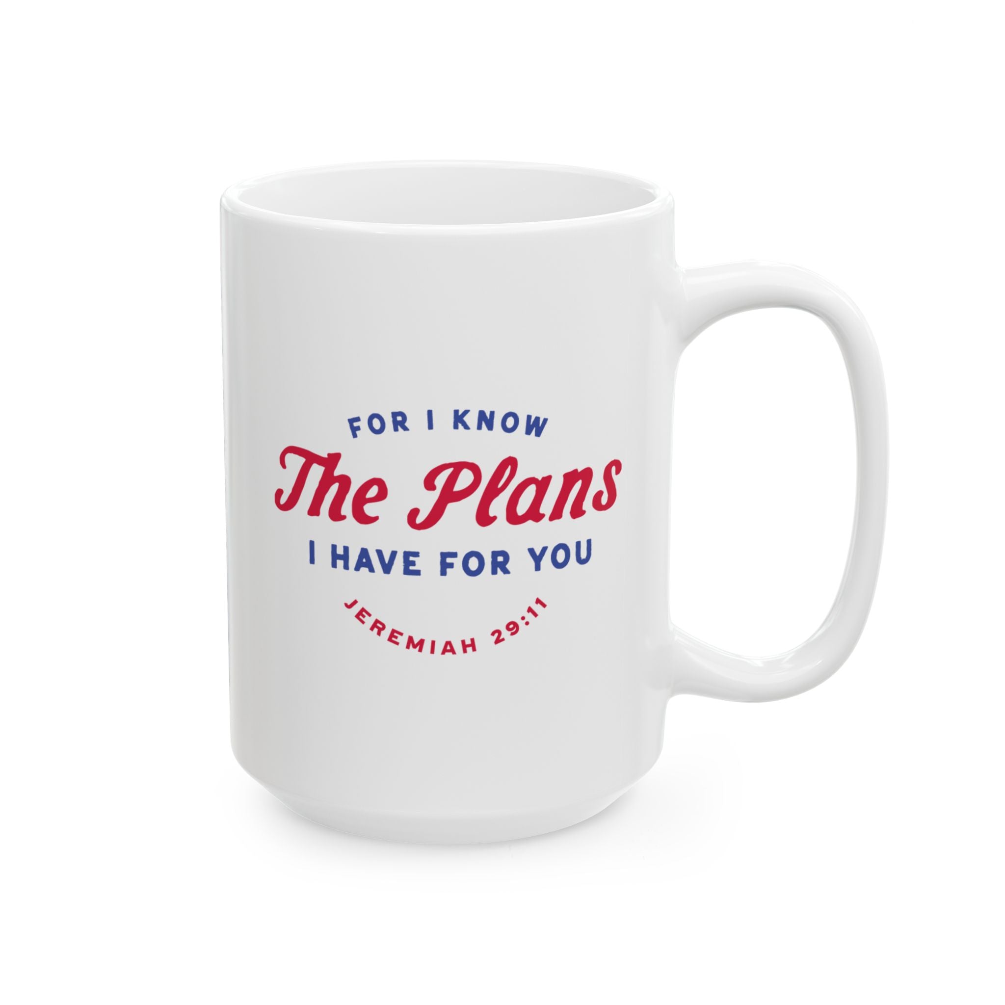 Ceramic mug featuring Jeremiah 29:11 Bible verse with Americana-inspired design, perfect for Christian drinkware and faith gifts.