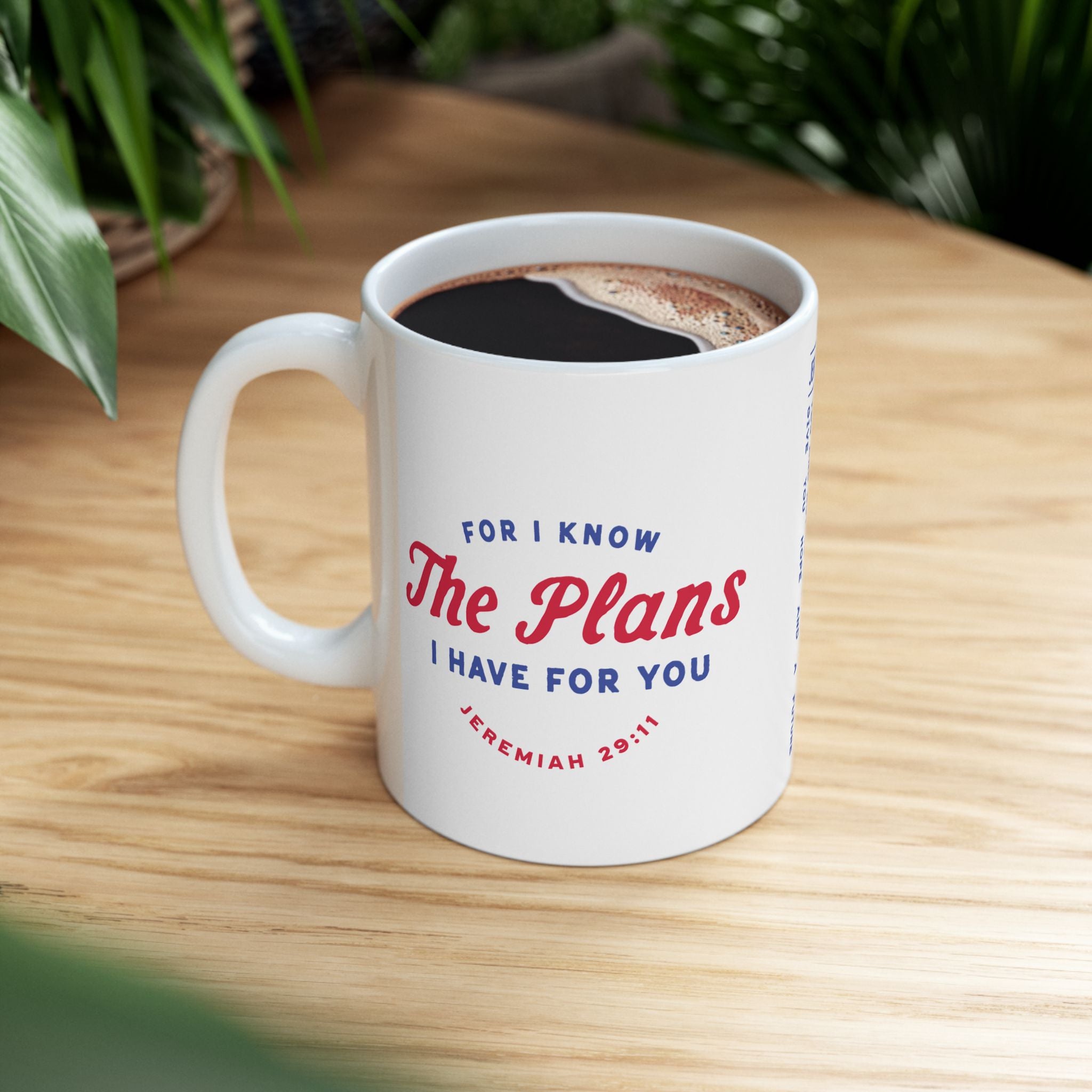 Ceramic mug featuring Jeremiah 29:11 Bible verse with Americana-inspired design, perfect for Christian drinkware and faith gifts.
