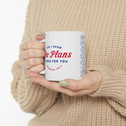 Ceramic mug featuring Jeremiah 29:11 Bible verse with Americana-inspired design, perfect for Christian drinkware and faith gifts.