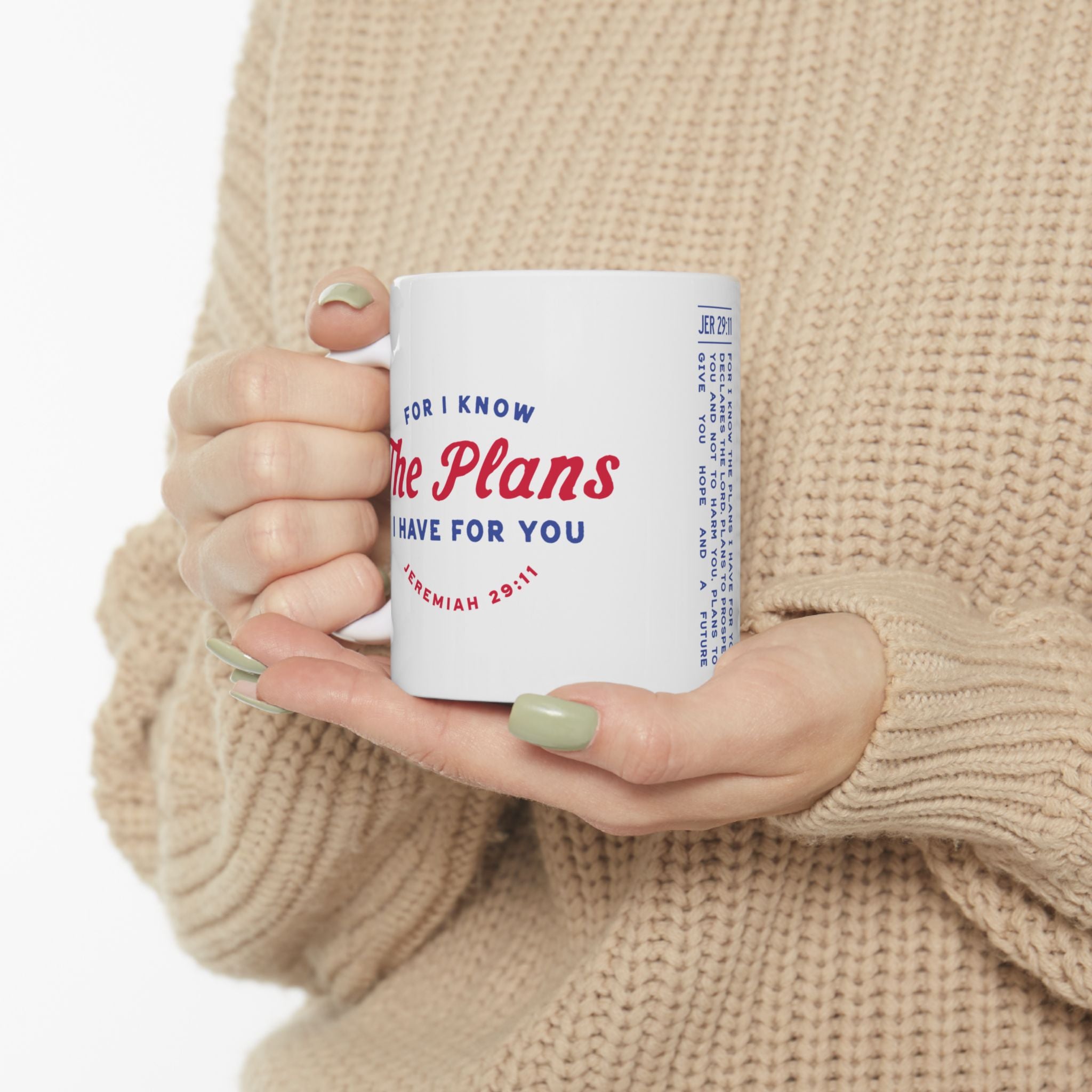 Ceramic mug featuring Jeremiah 29:11 Bible verse with Americana-inspired design, perfect for Christian drinkware and faith gifts.