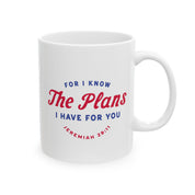 Ceramic mug featuring Jeremiah 29:11 Bible verse with Americana-inspired design, perfect for Christian drinkware and faith gifts.