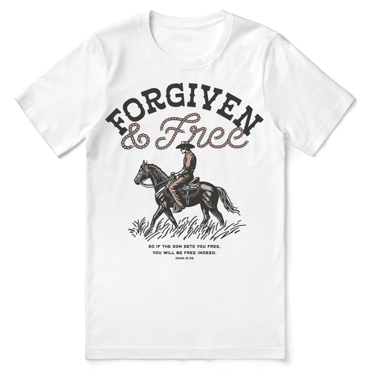 Christian t-shirt with the phrase “Forgiven and Free” inspired by John 8:36; soft unisex cotton tee declaring the freedom found through faith in Jesus.