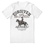 Christian t-shirt with the phrase “Forgiven and Free” inspired by John 8:36; soft unisex cotton tee declaring the freedom found through faith in Jesus.