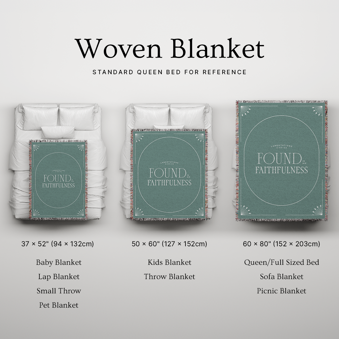 Woven blanket with size chart on a light gray background