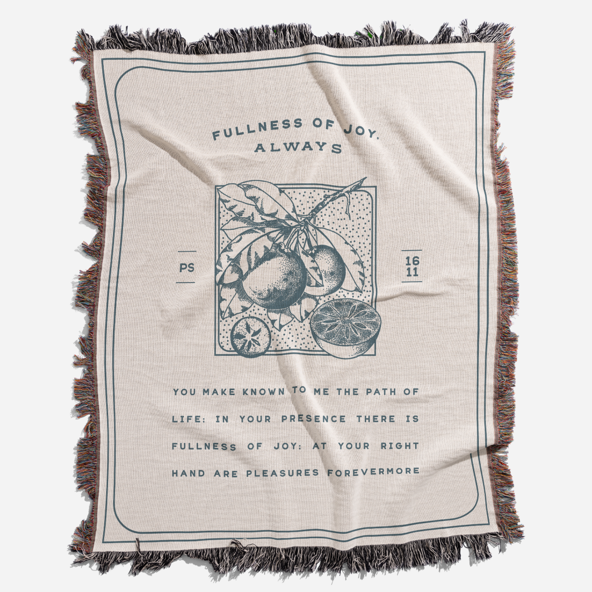 Blanket with text and fruit design on a white background