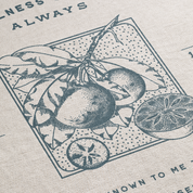 Vintage-style illustration of olives on a textured fabric background with text.