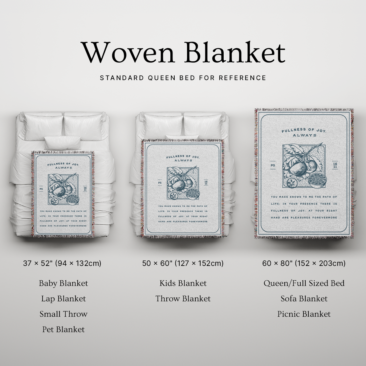 Woven blanket with size chart on a light gray background
