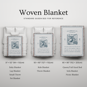 Woven blanket with size chart on a light gray background