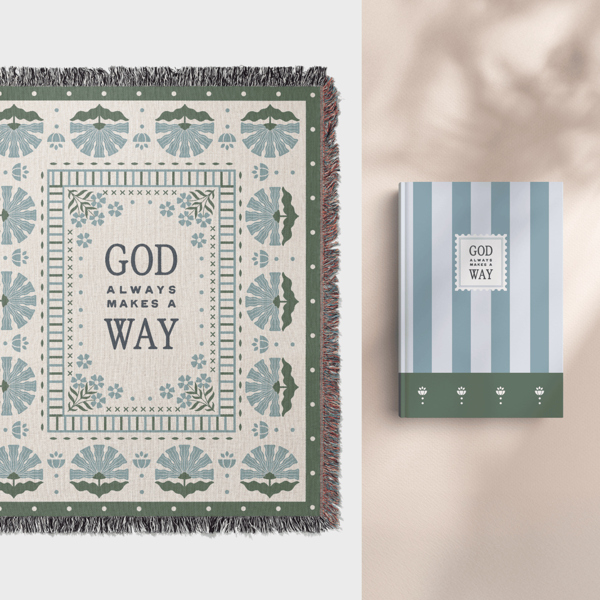Decorative blanket with 'God always makes a way' text and matching notebook on a neutral background