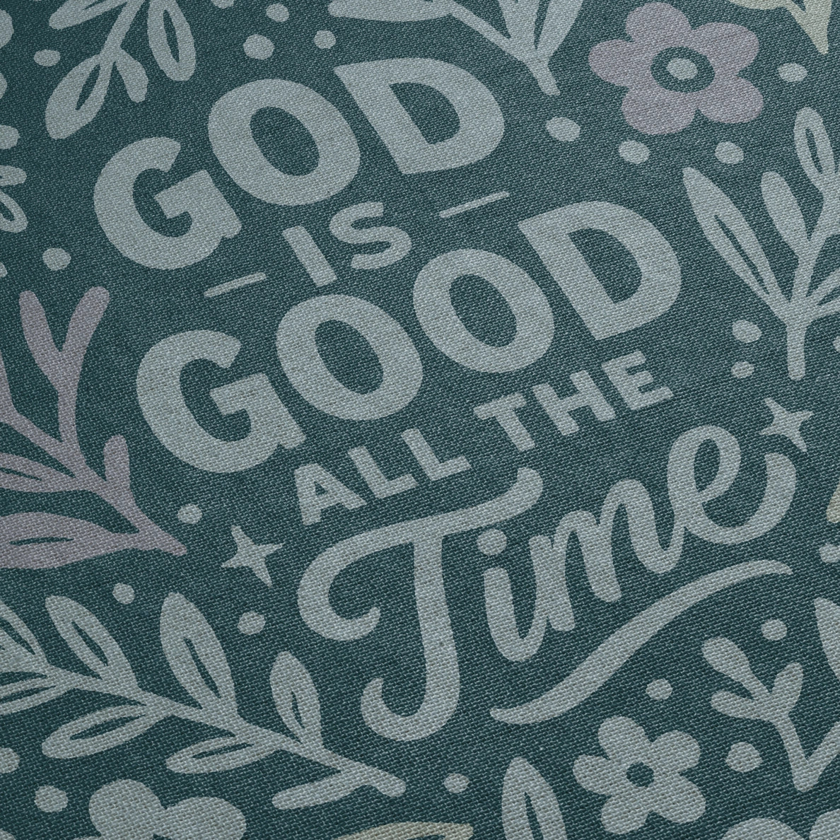 Blue illustrated Christian kids woven blanket with the phrase “God is good all the time”; 100% cotton throw with fringe, perfect for nurseries, nap time, or faith-filled gifting.