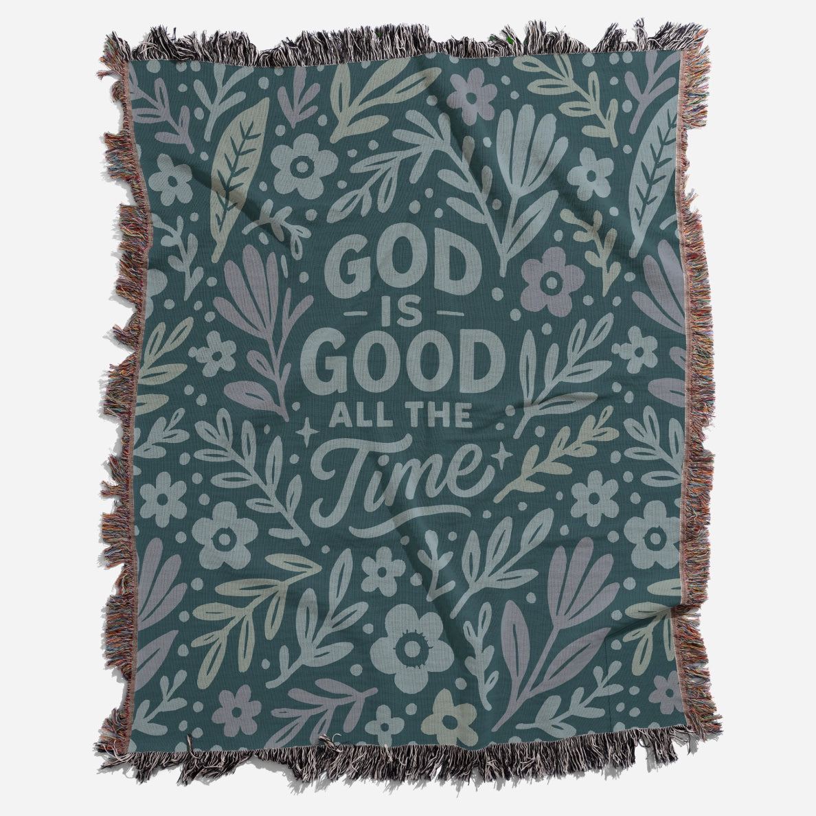 Blue illustrated Christian kids woven blanket with the phrase “God is good all the time”; 100% cotton throw with fringe, perfect for nurseries, nap time, or faith-filled gifting.