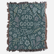 Blue illustrated Christian kids woven blanket with the phrase “God is good all the time”; 100% cotton throw with fringe, perfect for nurseries, nap time, or faith-filled gifting.