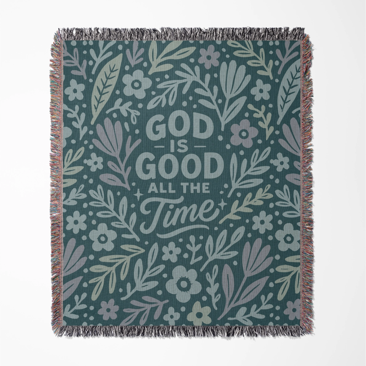 Blue illustrated Christian kids woven blanket with the phrase “God is good all the time”; 100% cotton throw with fringe, perfect for nurseries, nap time, or faith-filled gifting.