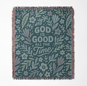Blue illustrated Christian kids woven blanket with the phrase “God is good all the time”; 100% cotton throw with fringe, perfect for nurseries, nap time, or faith-filled gifting.