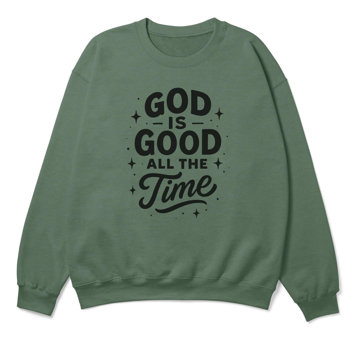 Christian crewneck sweatshirt with the phrase “God is good all the time” in hand-scripted lettering; soft unisex cotton-poly blend for faith-filled warmth and comfort.