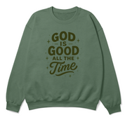 Christian crewneck sweatshirt with the phrase “God is good all the time” in hand-scripted lettering; soft unisex cotton-poly blend for faith-filled warmth and comfort.