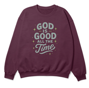 Christian crewneck sweatshirt with the phrase “God is good all the time” in hand-scripted lettering; soft unisex cotton-poly blend for faith-filled warmth and comfort.