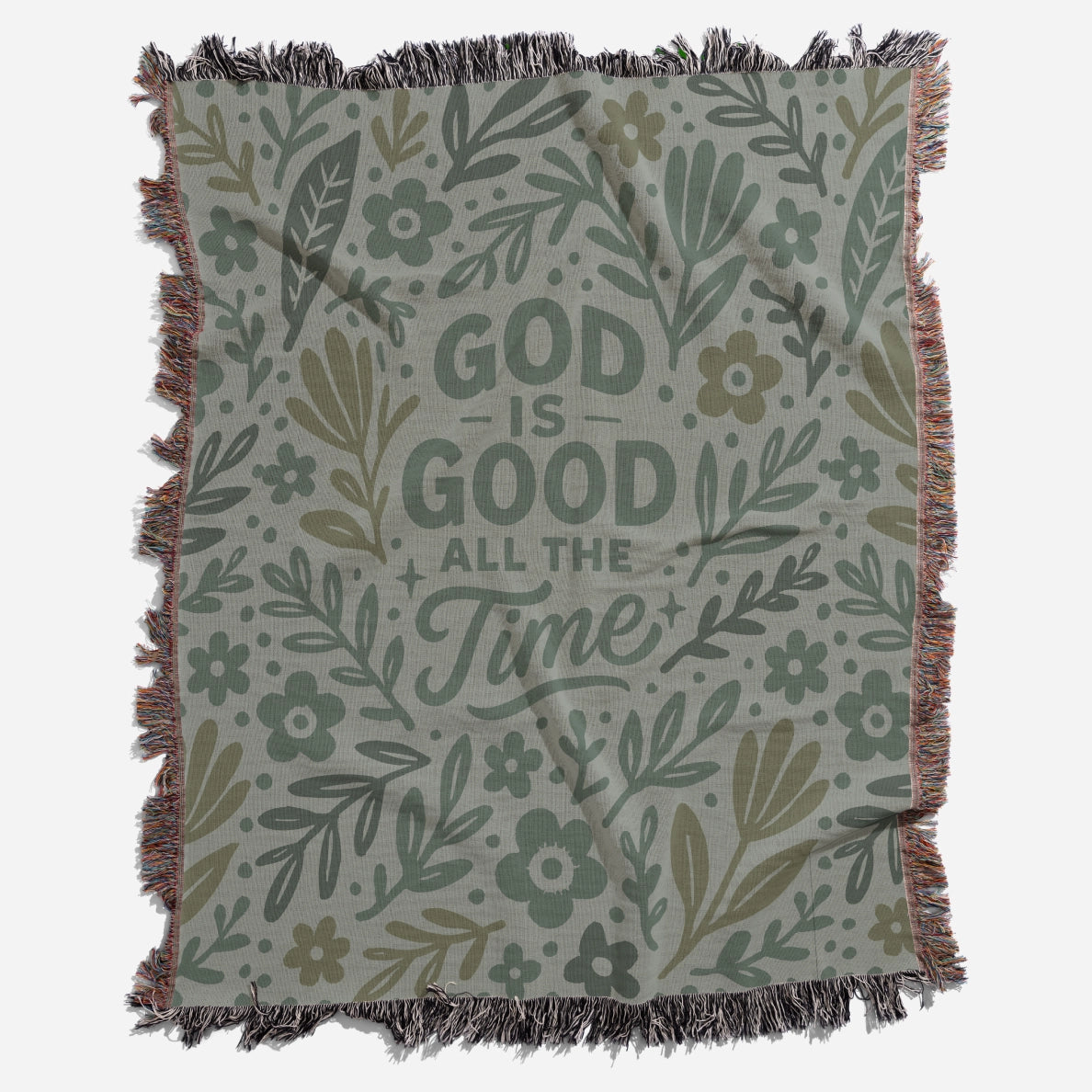 Green illustrated Christian woven blanket for kids with the phrase “God is good all the time”; 100% cotton throw with fringe, perfect for nurseries or faith-based comfort.