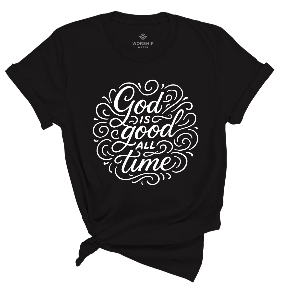 Christian t-shirt with the phrase “God Is Good All the Time” in hand-lettered script; unisex soft cotton shirt celebrating God’s faithfulness and everyday encouragement.