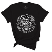 Christian t-shirt with the phrase “God Is Good All the Time” in hand-lettered script; unisex soft cotton shirt celebrating God’s faithfulness and everyday encouragement.
