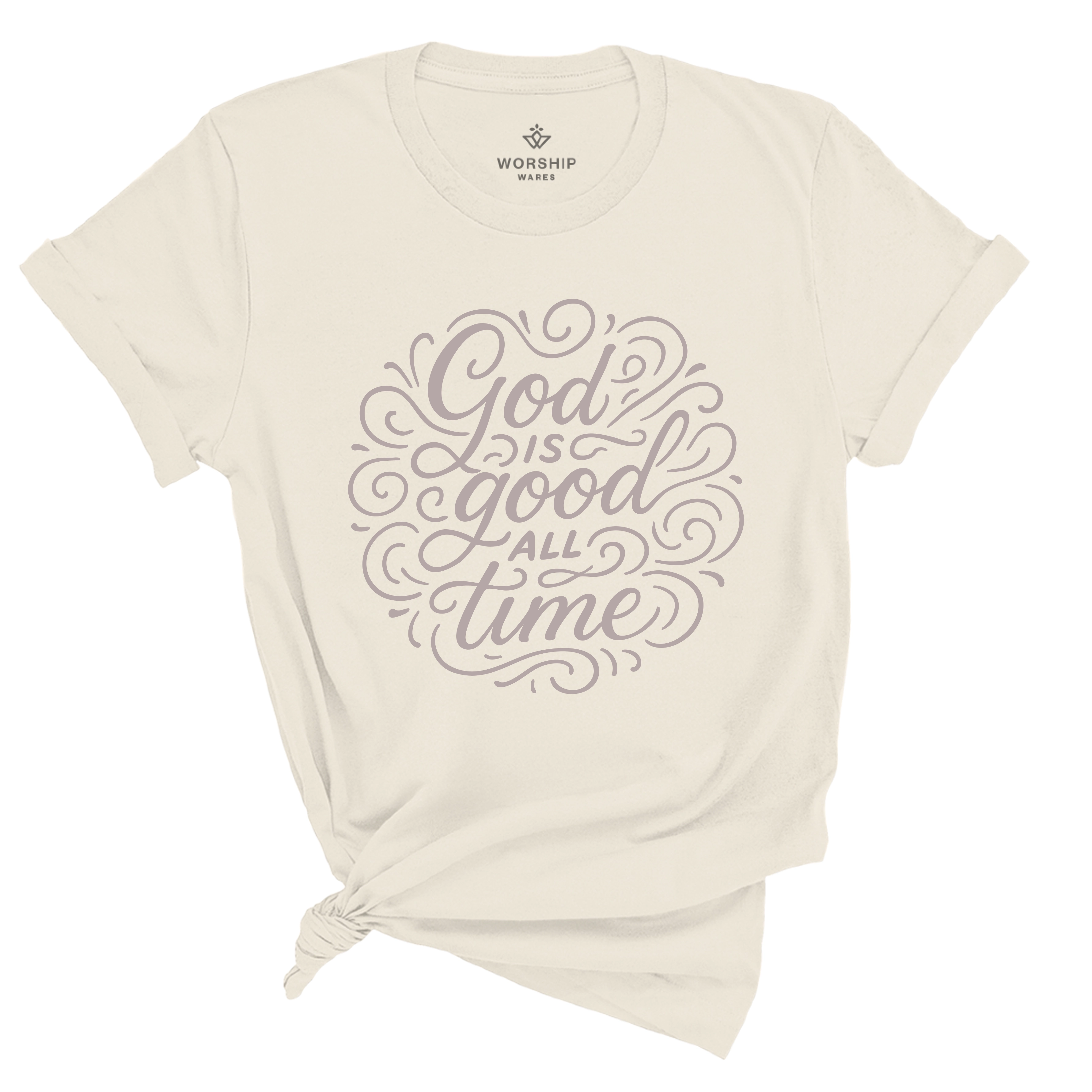 Christian t-shirt with the phrase “God Is Good All the Time” in hand-lettered script; unisex soft cotton shirt celebrating God’s faithfulness and everyday encouragement.