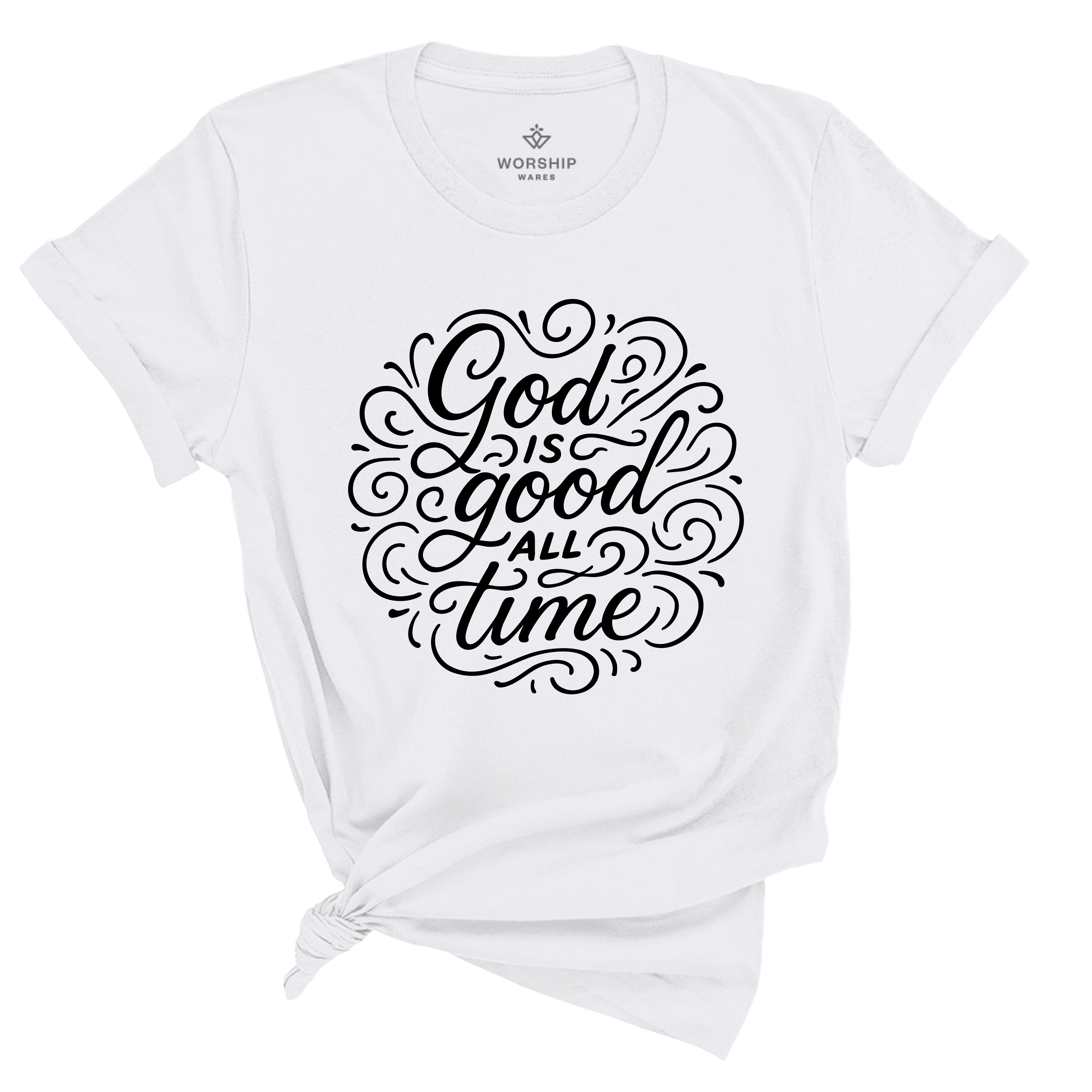 Christian t-shirt with the phrase “God Is Good All the Time” in hand-lettered script; unisex soft cotton shirt celebrating God’s faithfulness and everyday encouragement.
