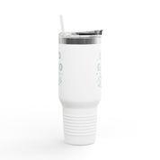 Christian 40oz stainless steel travel mug with the phrase “God is good all the time” in script; insulated tumbler with straw and lid, ideal for faith-filled hydration on the go.