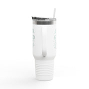 Christian 40oz stainless steel travel mug with the phrase “God is good all the time” in script; insulated tumbler with straw and lid, ideal for faith-filled hydration on the go.
