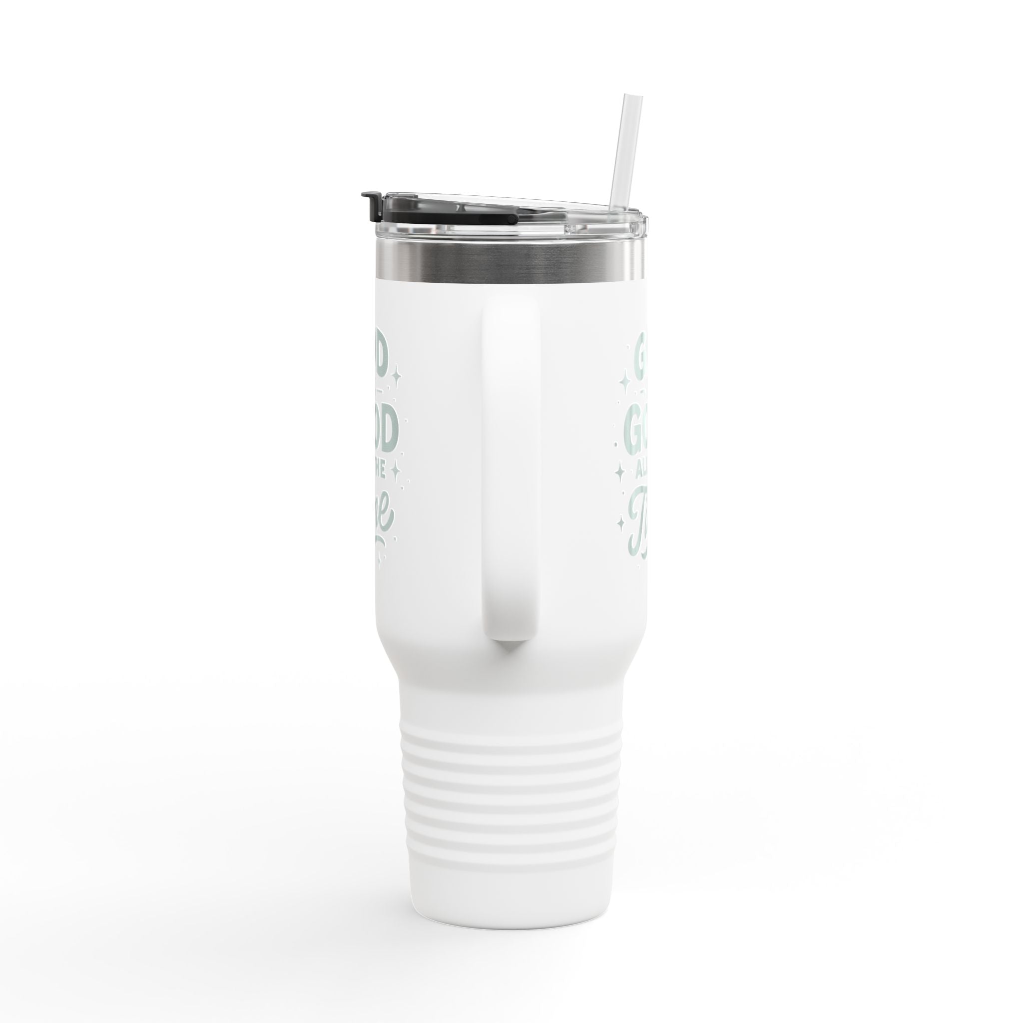 Christian 40oz stainless steel travel mug with the phrase “God is good all the time” in script; insulated tumbler with straw and lid, ideal for faith-filled hydration on the go.