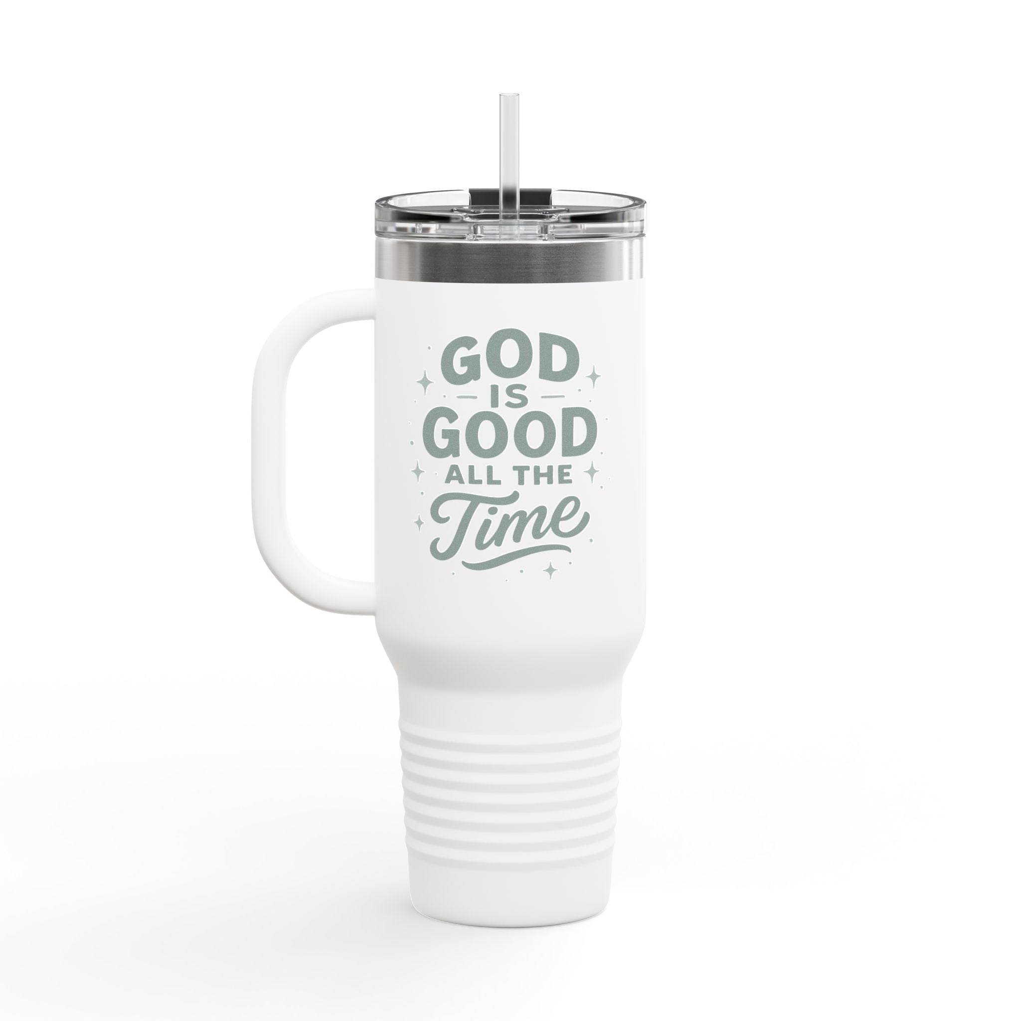 Christian 40oz stainless steel travel mug with the phrase “God is good all the time” in script; insulated tumbler with straw and lid, ideal for faith-filled hydration on the go.
