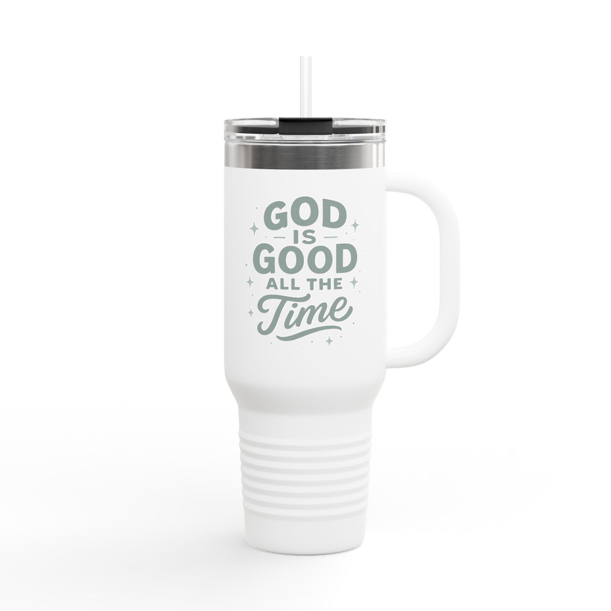 Christian 40oz stainless steel travel mug with the phrase “God is good all the time” in script; insulated tumbler with straw and lid, ideal for faith-filled hydration on the go.