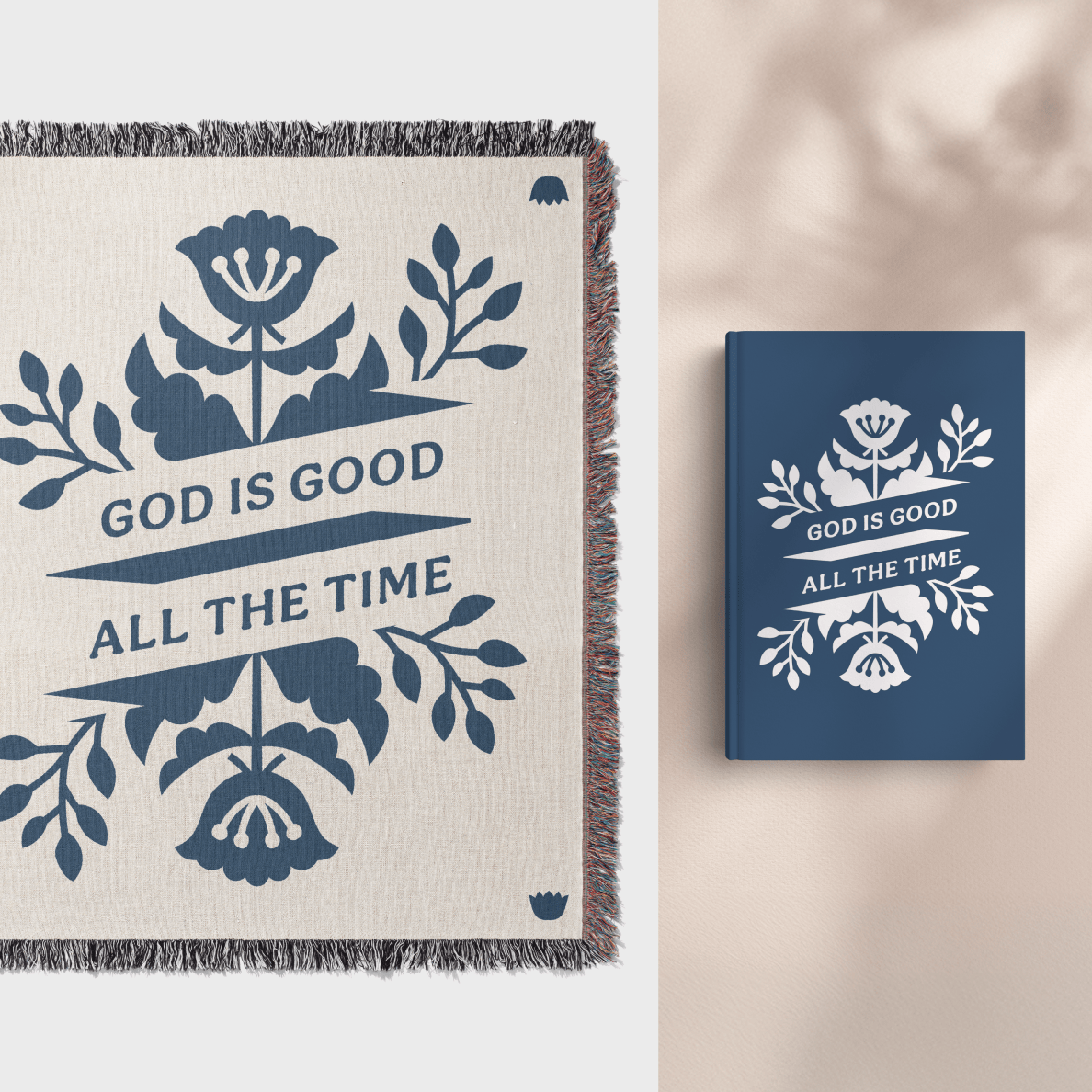 Blanket and book with 'God is Good All the Time' text and floral design.