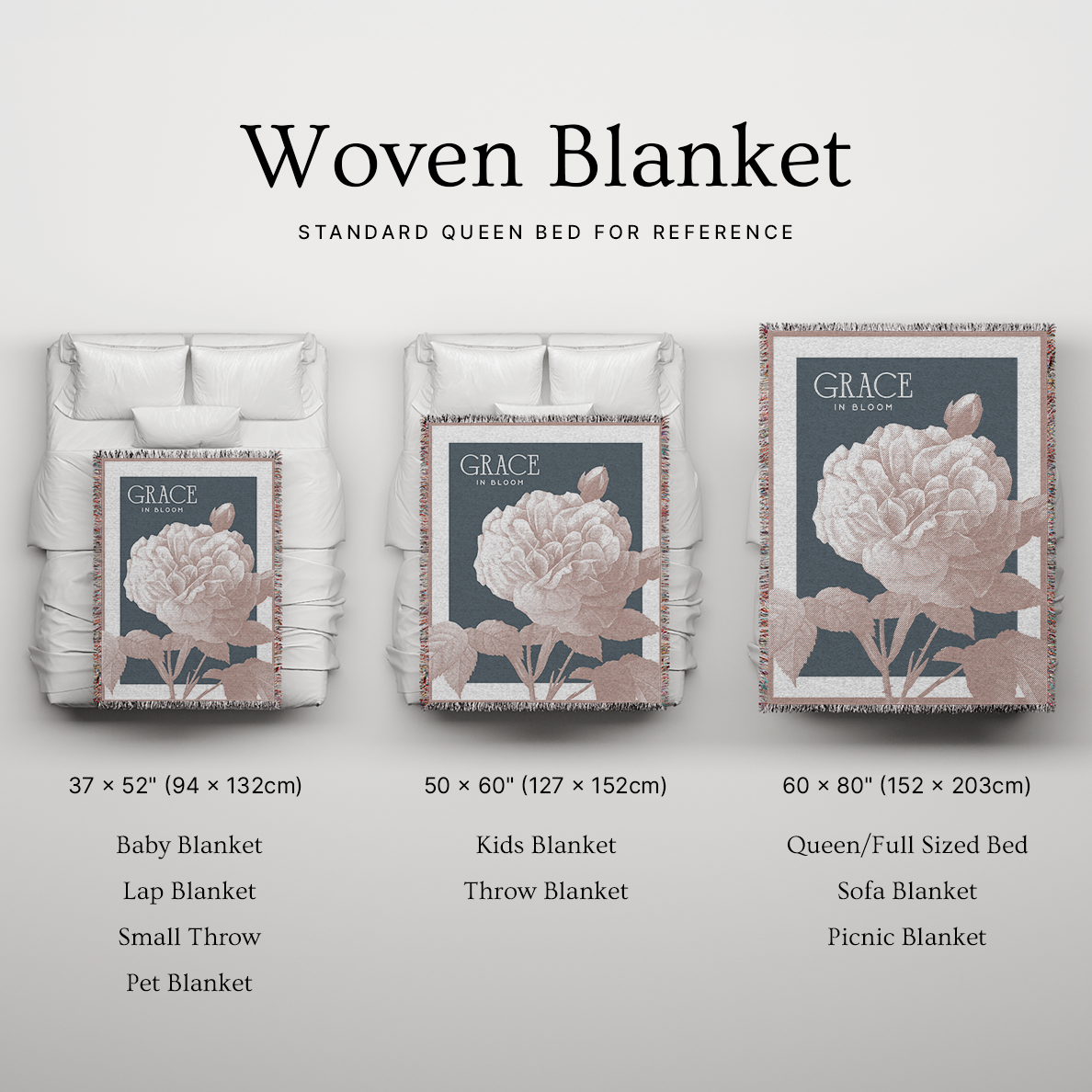Woven blanket with floral design on a light gray background, showing different sizes.