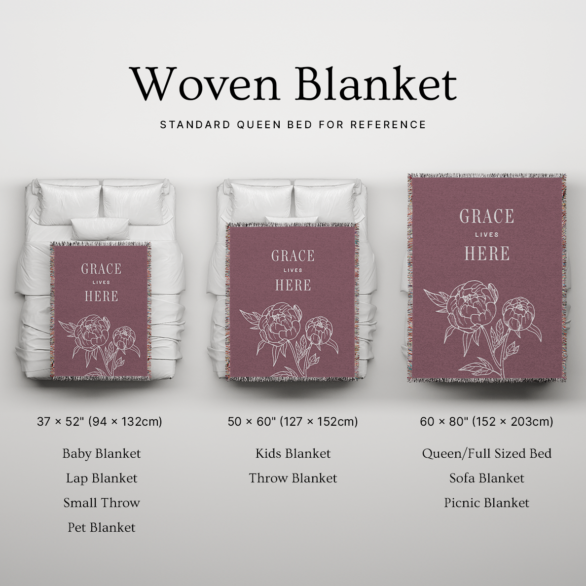 Woven blanket with 'Grace Lives Here' text and floral design, shown in various sizes on a bed.