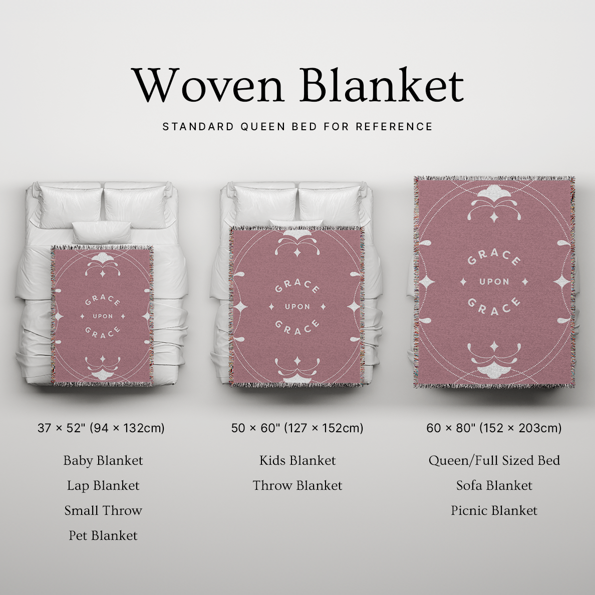 Woven blanket with size chart on a light gray background