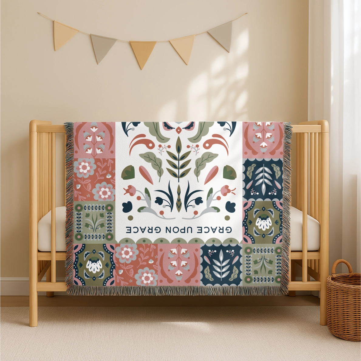 Faith-inspired woven blanket featuring the phrase “Grace Upon Grace” with colorful fringed edges, perfect for Christian home decor and gifts.