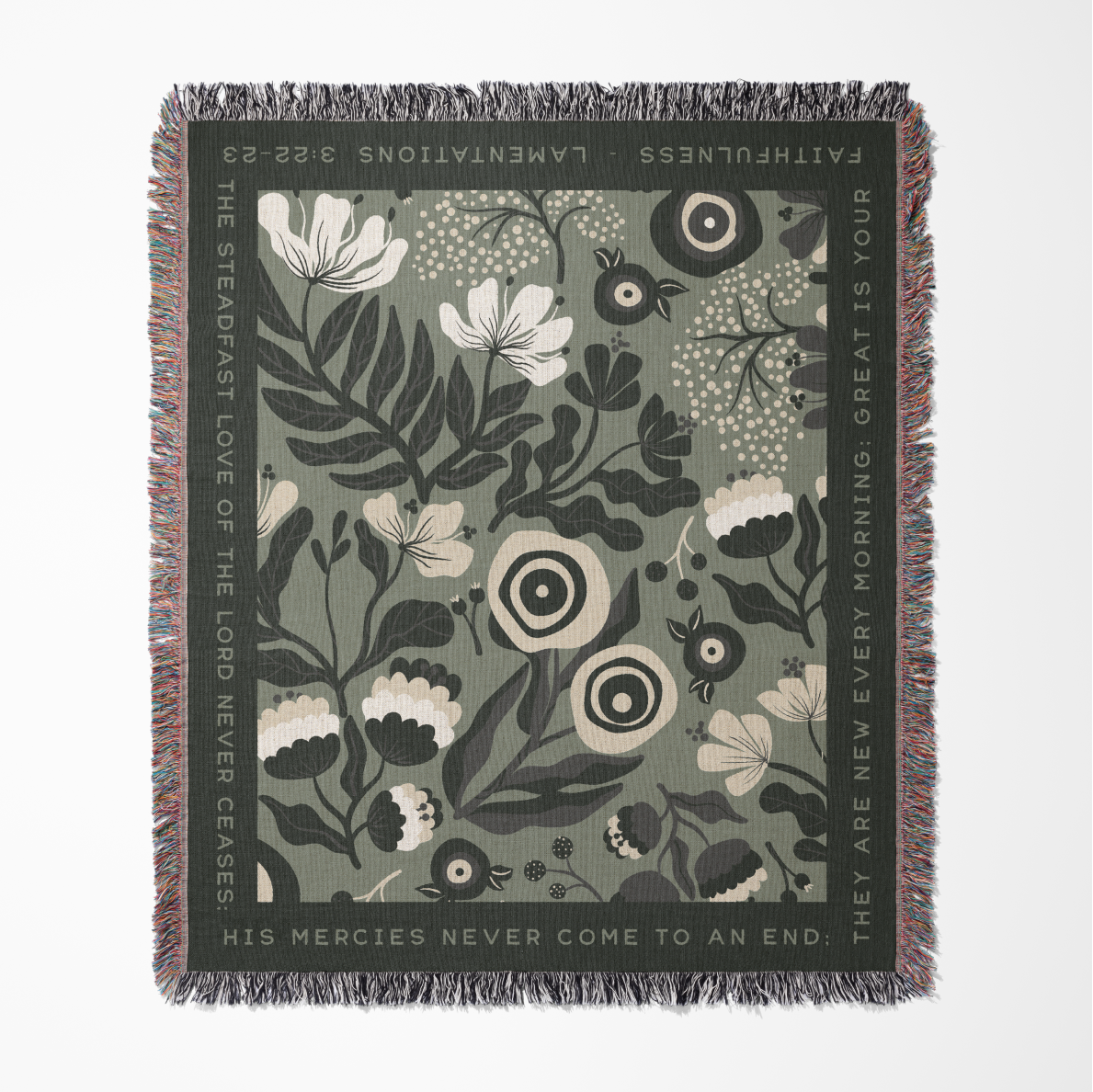 Floral patterned blanket with text on a plain background