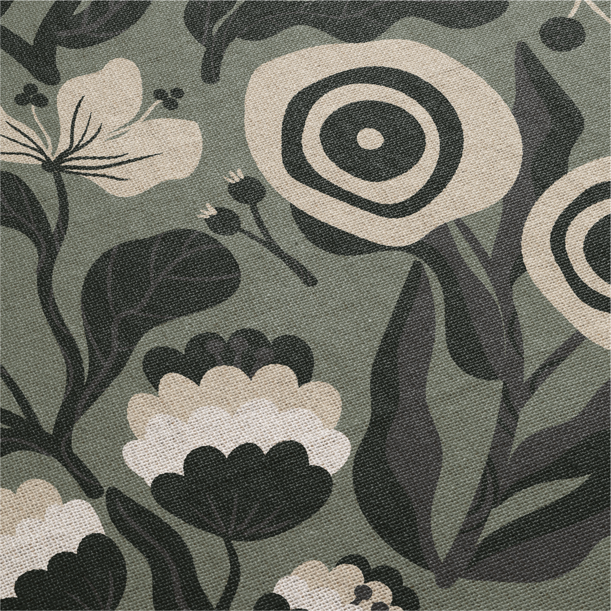 Patterned fabric with floral and circular designs on a green background