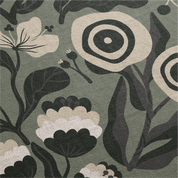 Patterned fabric with floral and circular designs on a green background