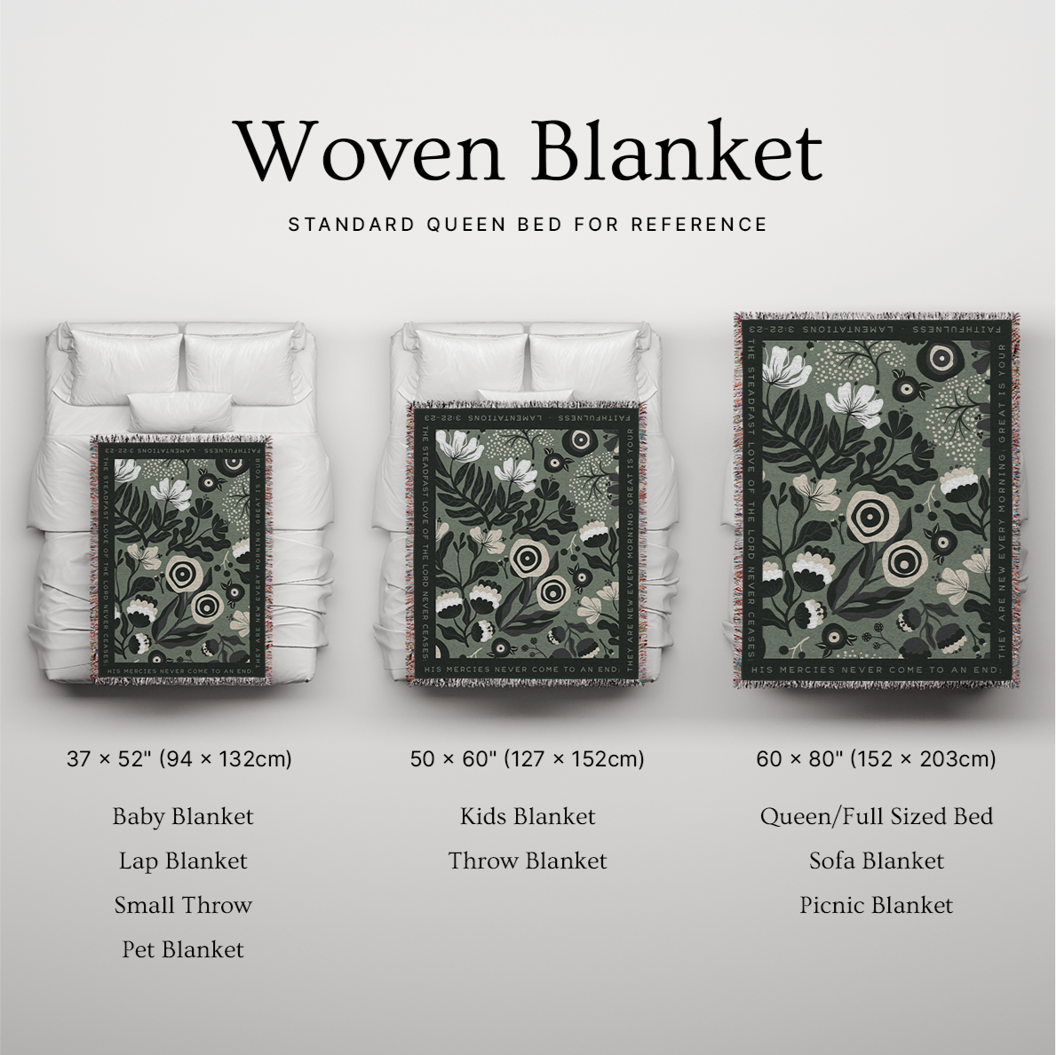 Woven blanket with different sizes displayed on a bed for reference.