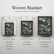 Woven blanket with different sizes displayed on a bed for reference.