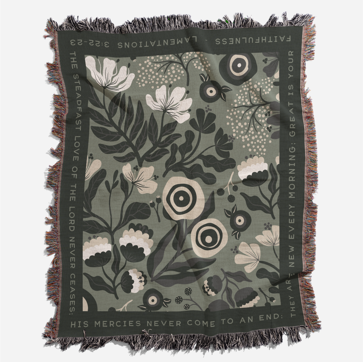 Floral patterned throw blanket with text on a white background