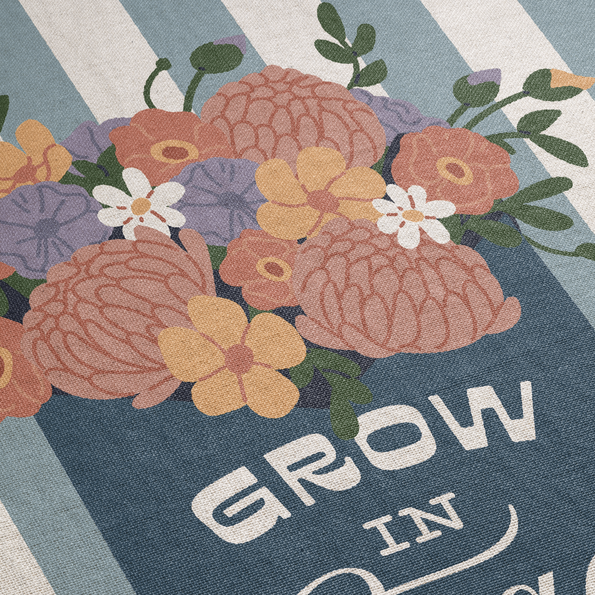 Floral design with 'GROW IN' text on a striped background
