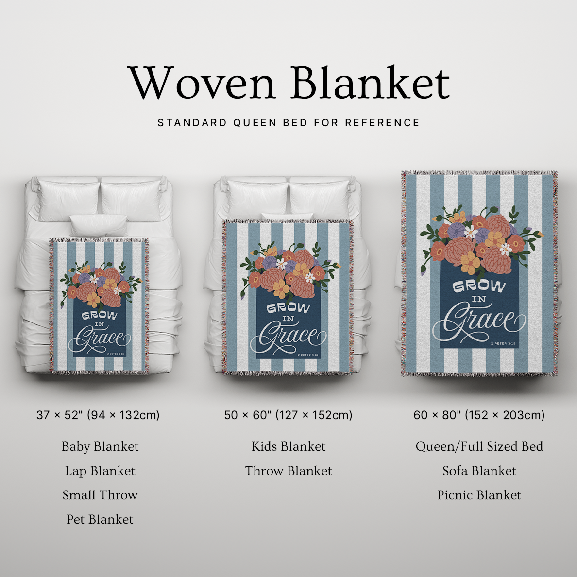 Woven blanket with floral design and text on a bed, showing different sizes.