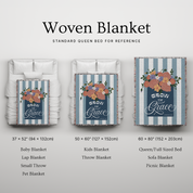 Woven blanket with floral design and text on a bed, showing different sizes.